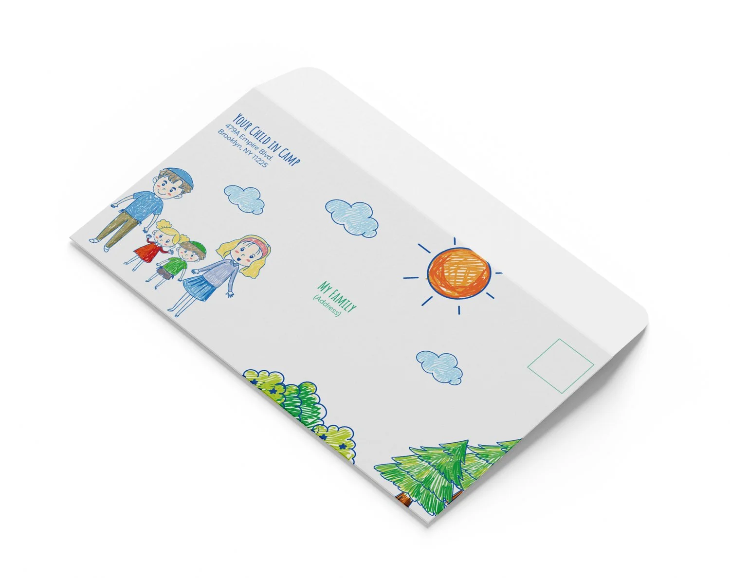 Child's coloring sheet with family, clouds, sun, trees, and address fields.