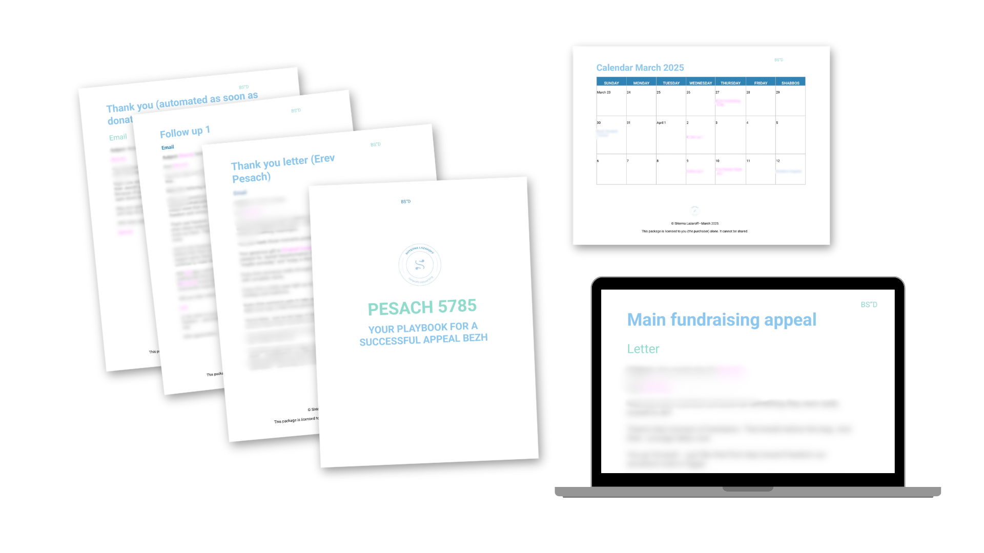 Collection of printed and digital documents including a calendar for March 2025, a letter for a fundraiser called Pesach 5785, a computer screen displaying a fundraising appeal, and several emails and follow-up letters related to a fundraising campaign.