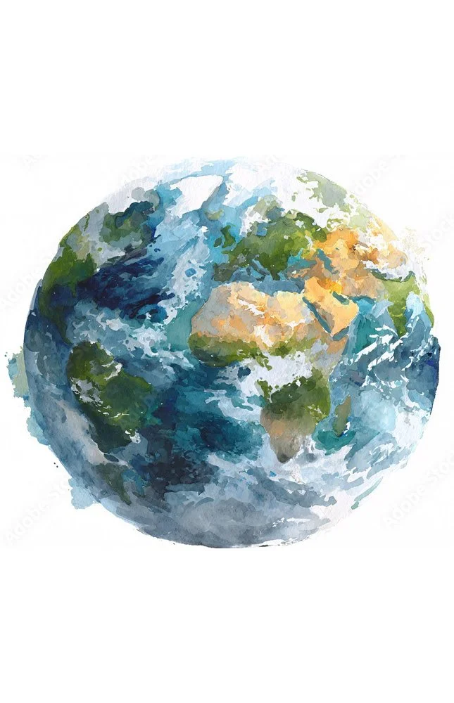 Watercolor painting of the Earth highlighting continents and oceans