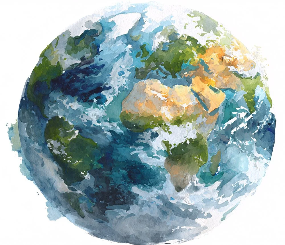 Watercolor painting of Earth showing continents and oceans.