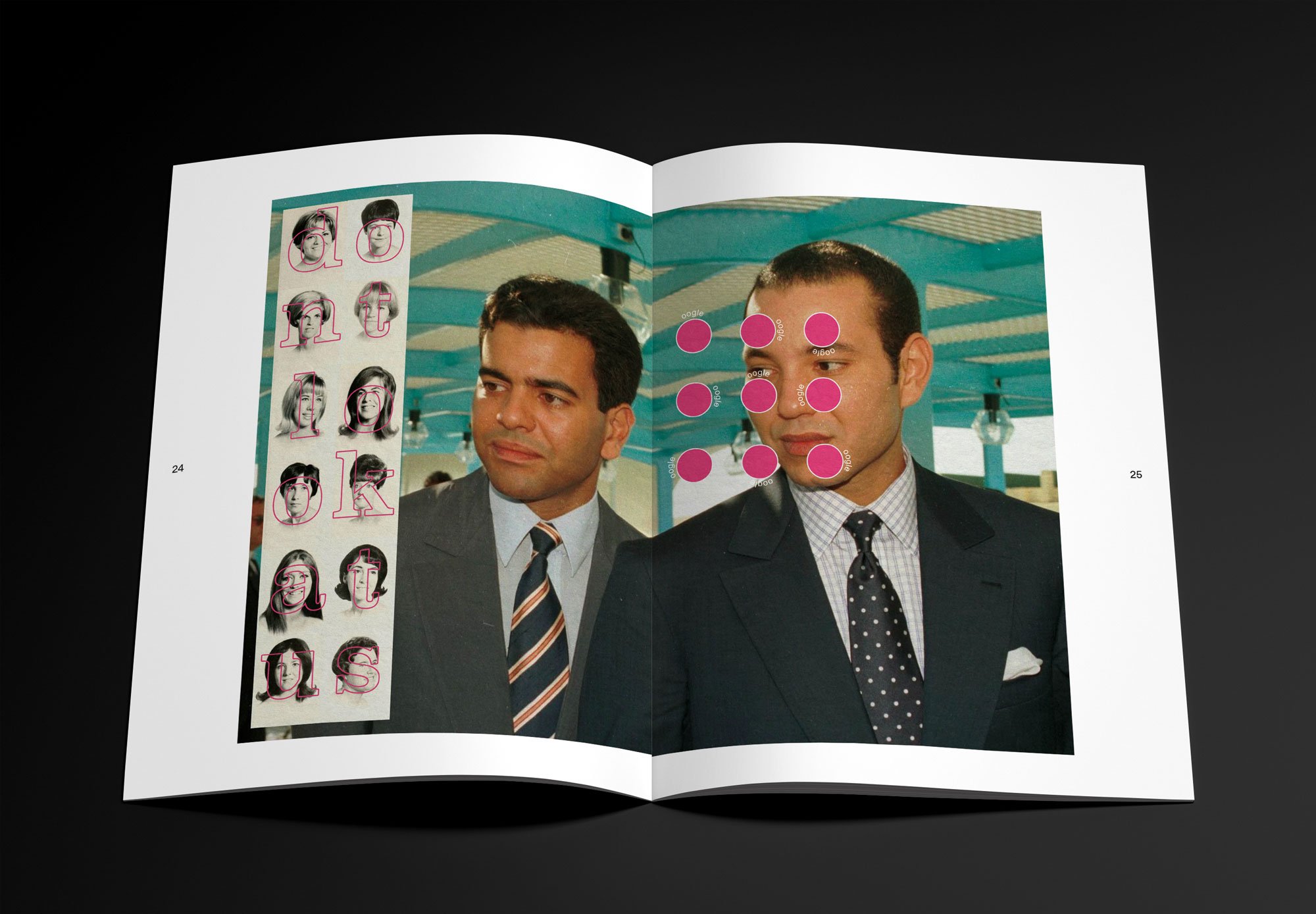 Open magazine featuring a photo of two men in suits at a location with a blue canopy. The left page has black-and-white smaller photos of women's faces with pink outlines and letters spelling 'datokens'. The right page has color markings over the faces of the two men.