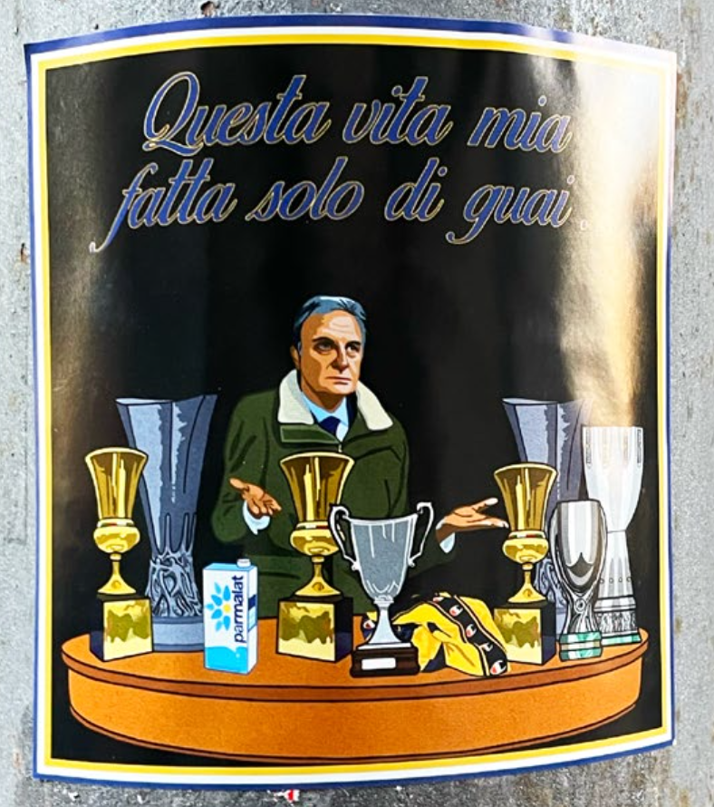 Sticker of Calisto Tanzi with Parma trophies and a Parmalat milk carton, referencing the Parmalat scandal.