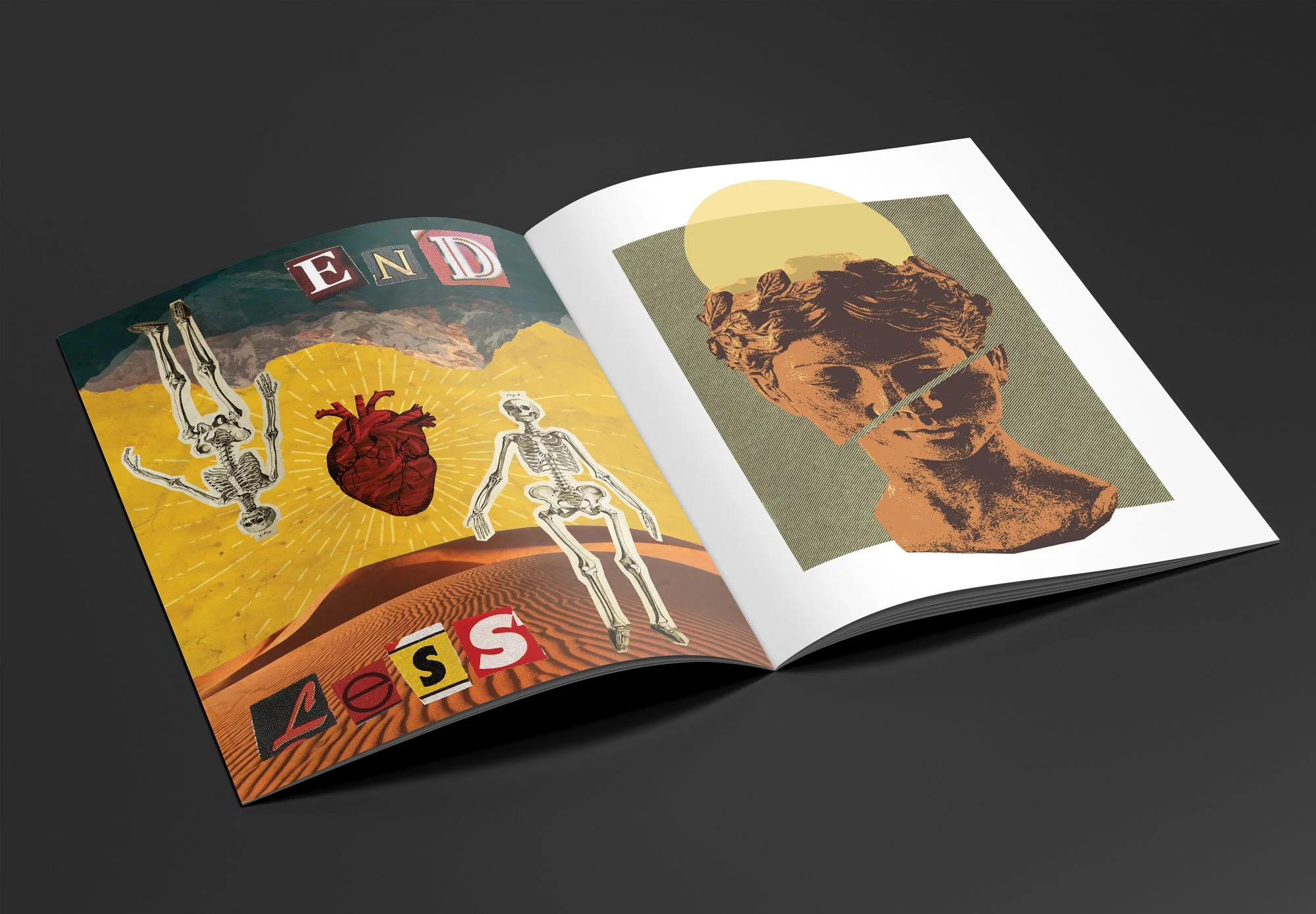 Open magazine with collage art on the left page showing skeletons, a human heart, and the word 'END' and 'LOSS' made of cut-out letters over a landscape, and a stylized portrait of a woman on the right page.