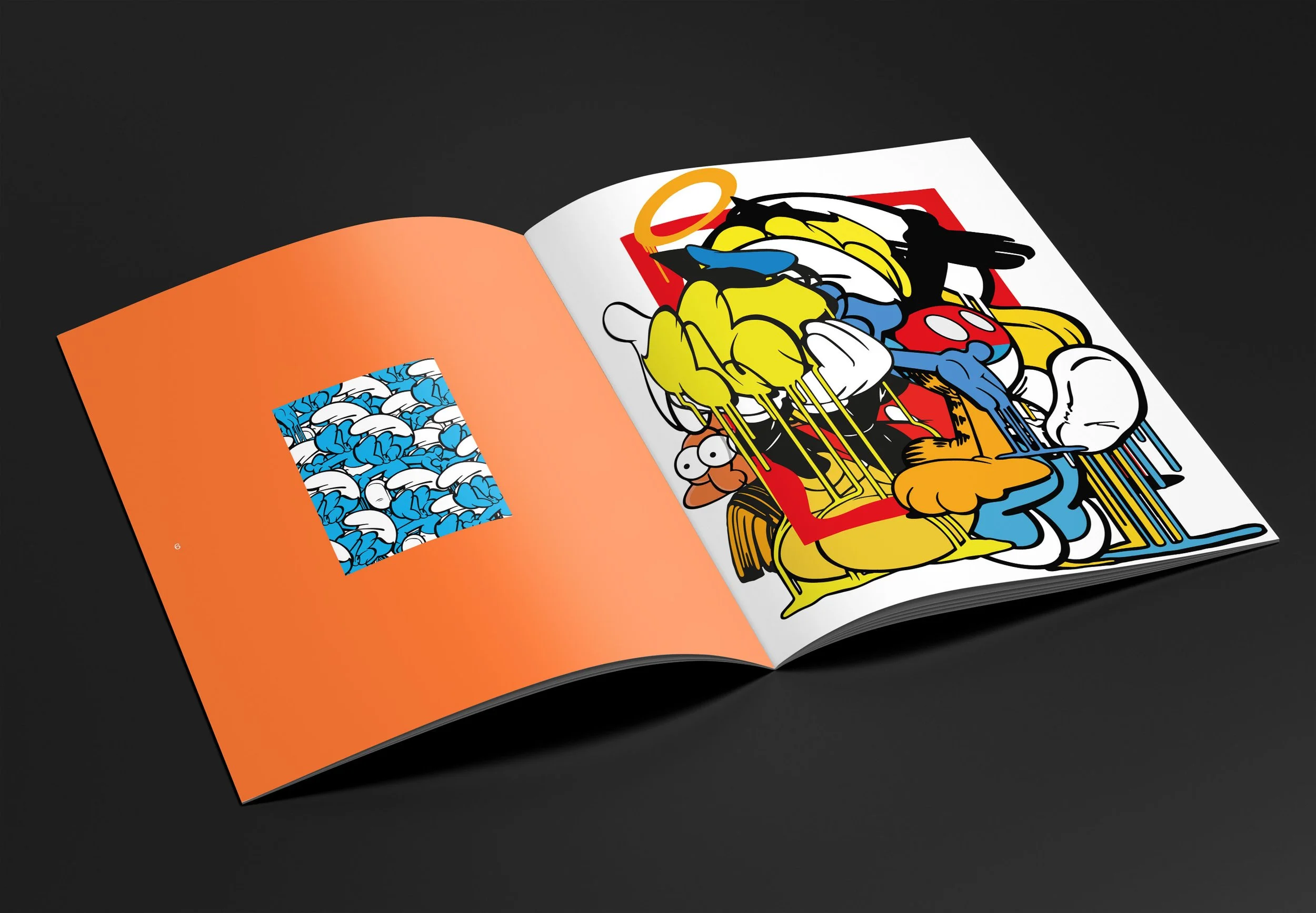 Open colorful art book featuring a large abstract and cartoon-style illustration with yellow, black, blue, red, and white shapes, on a black background.
