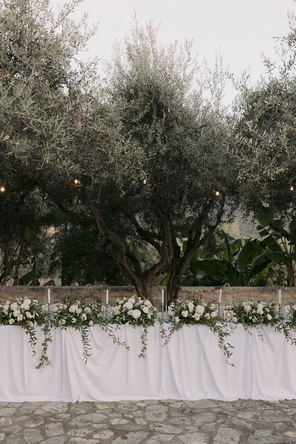 Decorative outdoor wedding or event reception setup with a long table covered in white cloth, adorned with white floral arrangements and greenery, set against a backdrop of large olive trees and string lights.