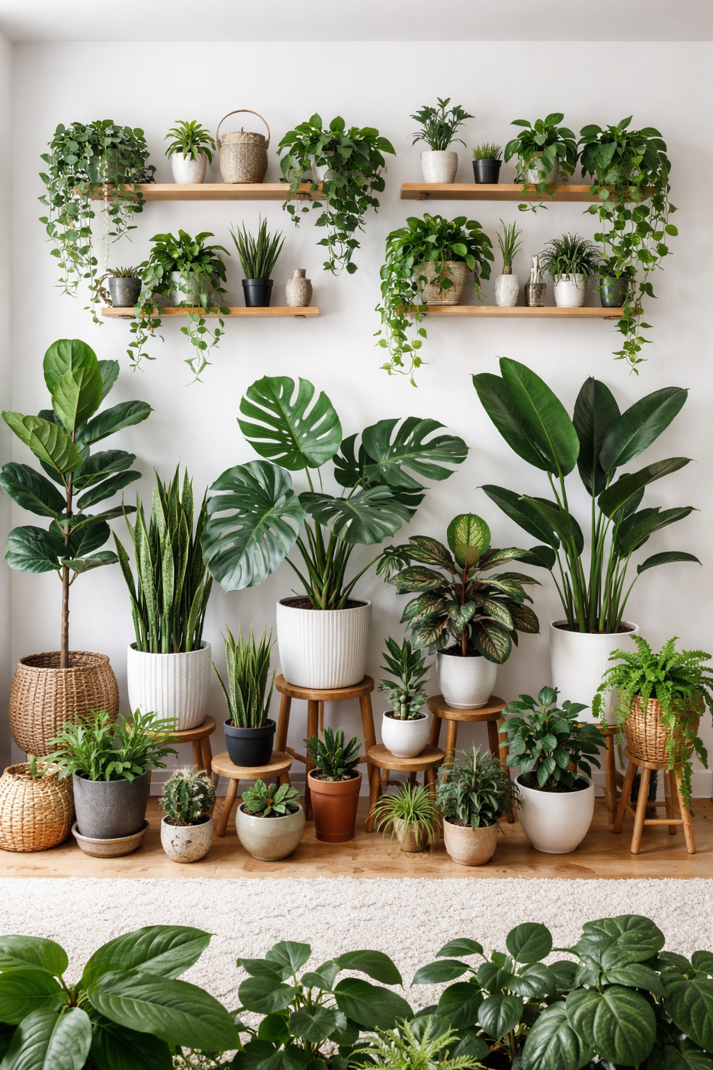 An indoor plant display with various potted plants, including large leafy plants on the floor and several on wooden stools and shelves against a white wall.