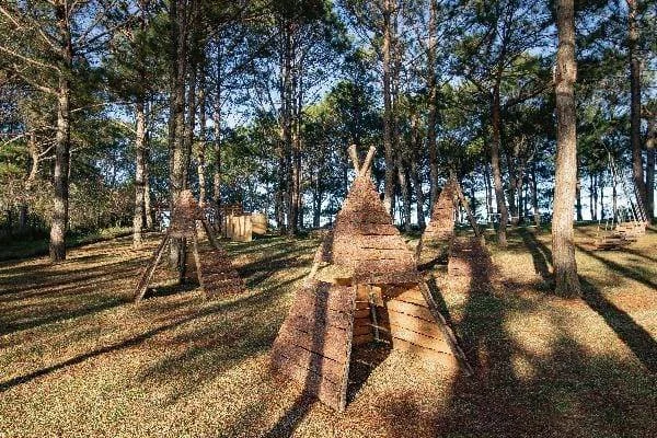 A scene of teepees and teepee-shaped structures in a wooded outdoor area with trees and sunlight.