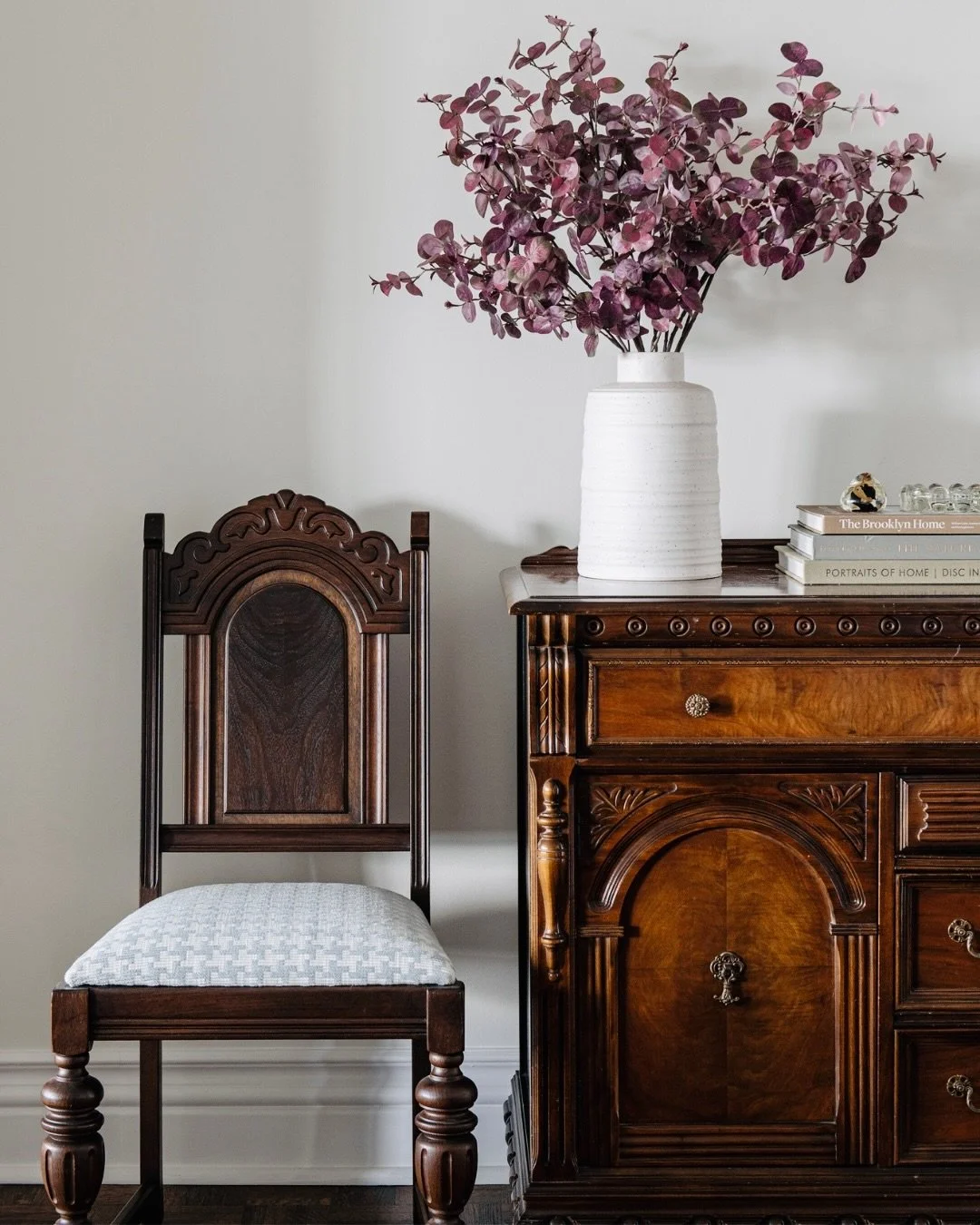 I F  I T  A I N &lsquo; T  B R O K E . . .

Reupholster it!  Our client had several pieces of inherited and hand-me-down furniture that she loved but knew they needed updating. We picked new fabrics with modern patterns in cool icy blues shades that 