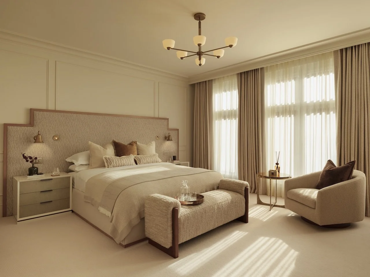 As part of a full-service residential refurbishment, Burbeck Interiors delivered both the interior architecture and FF&E design for this elegant principal bedroom. The scheme combines bespoke architectural detailing, custom upholstery, carefully sele