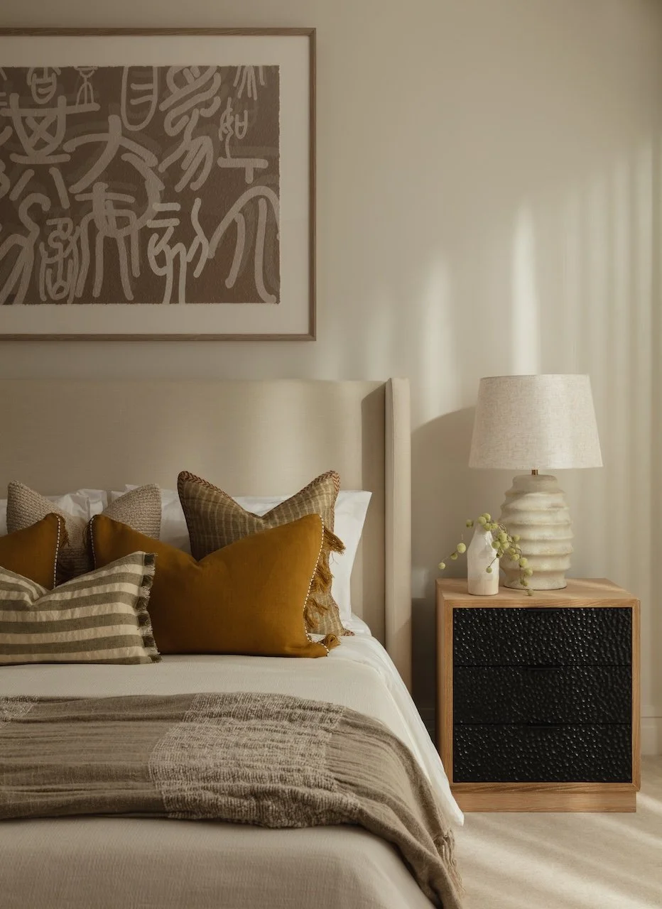 Luxury residential furnishing solution showcasing a beautifully styled bedroom with bespoke furniture, designer lighting, curated accessories and layered textiles by Burbeck Interiors. Ideal for turnkey furnishing, interior design and premium residen