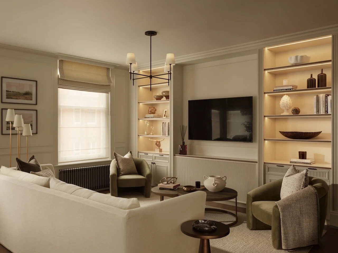 Luxury living room designed by Burbeck Interiors featuring bespoke joinery, illuminated shelving, designer furniture and tailored interior architecture as part of a full residential refurbishment in London.