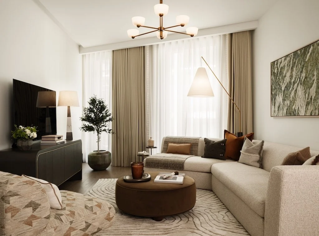 Luxury living room at The Bryanston, Hyde Park with bespoke furniture, designer lighting, custom joinery and contemporary interior design by Burbeck Interiors.