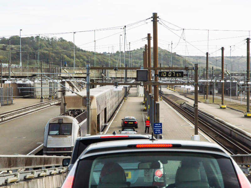 LeShuttle Eurotunnel train from UK to France cars loading for travel