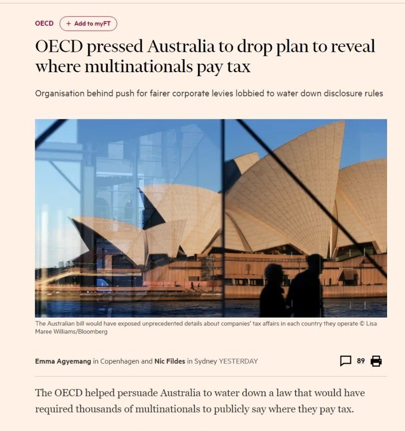 OECD pressed Australia to drop plan to reveal where multinationals pay tax