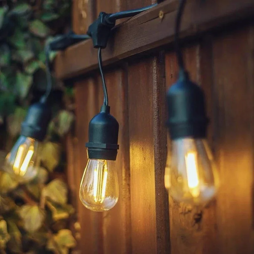 String of glowing Edison-style light bulbs hanging on a wooden fence at dusk.