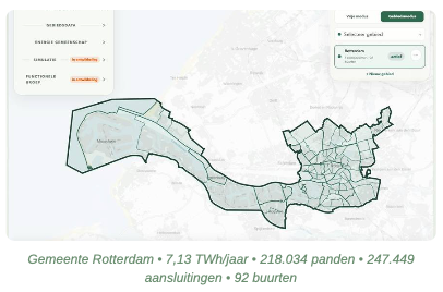 Kaart van Rotterdam met energiestatistieken, inclusief energieverbruik, aantal huizen en buurten.