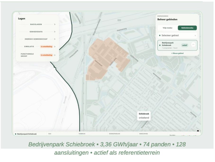 Digitale kaart van Bedrijvenpark Schiebroek met energiemanagementsysteem, inactieve en actieve gebieden, en bedrijfsparkstatus.