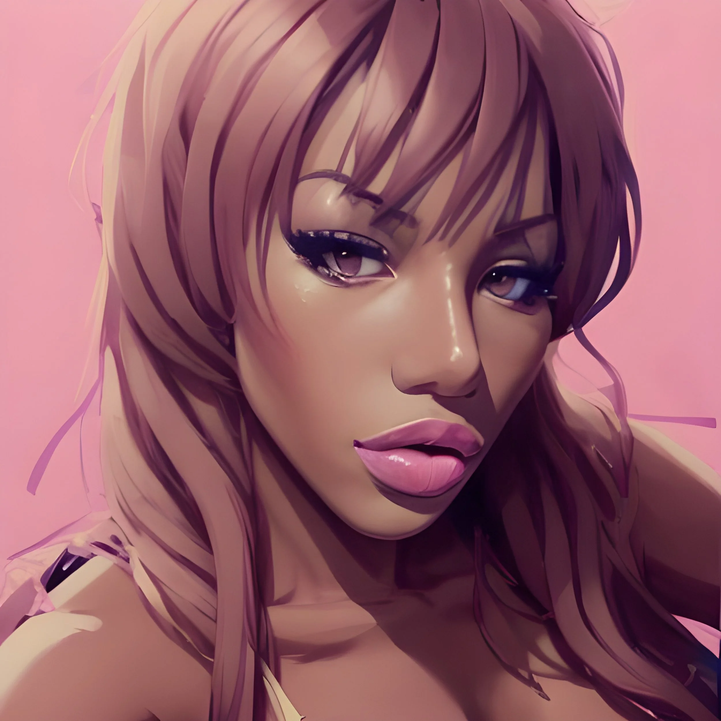 Close-up of a female anime-style character with long, pink and purple hair, purple eyes, pink lipstick, against a pink background.