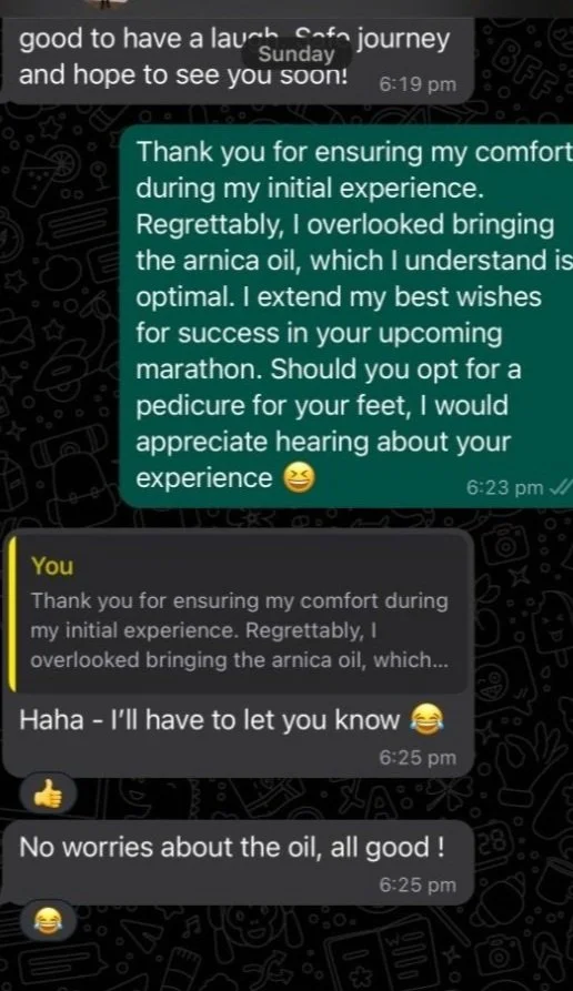 Text message conversation about ensuring comfort, mentioning bringing arnica oil, and planning a foot care pedicure.