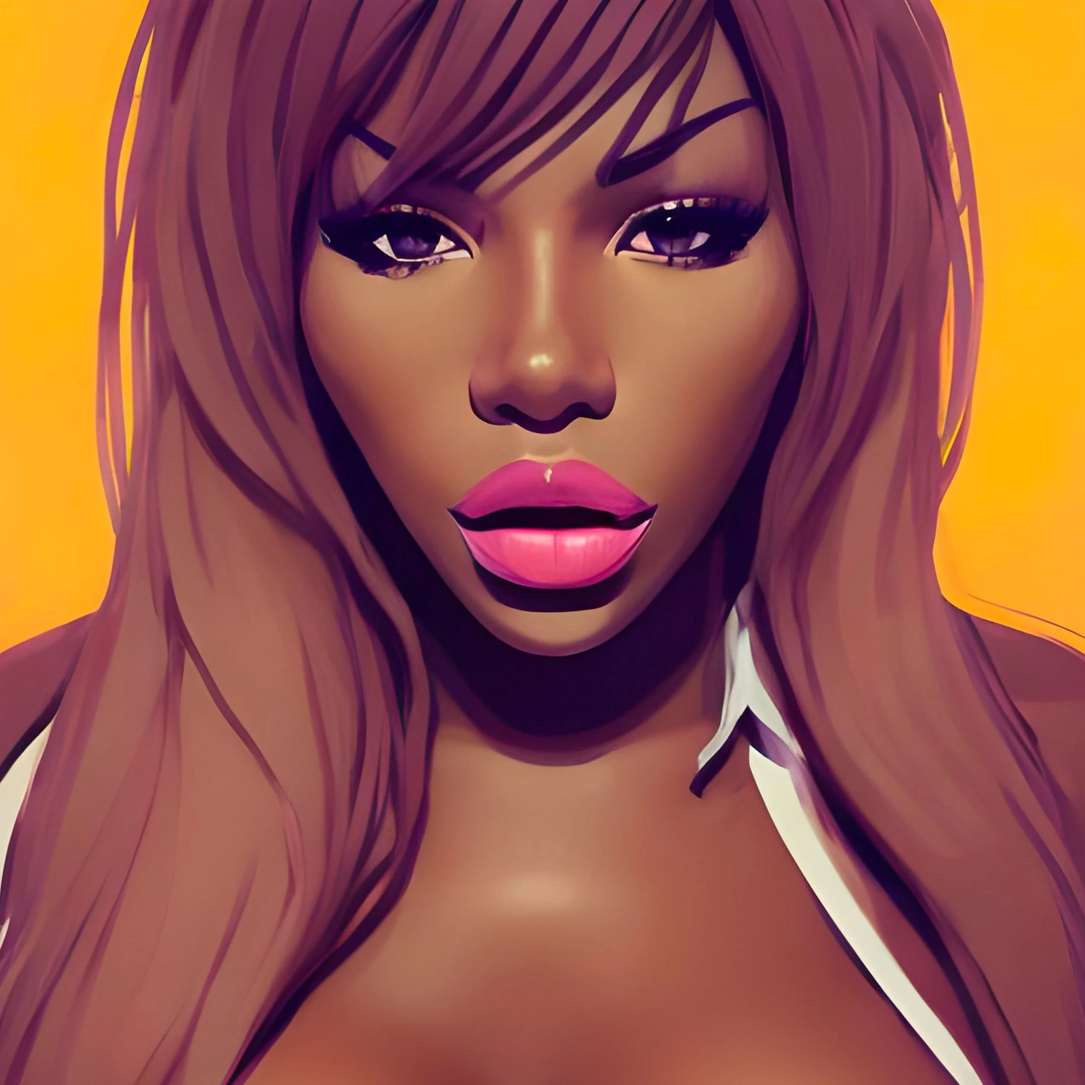 A close-up of a stylized doll's face with purple eyes, pink lipstick, and purple hair against a yellow background.
