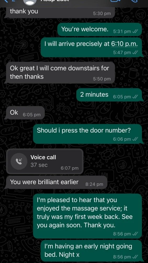 WhatsApp chat conversation between two people discussing a meeting, with a voice call, and a message about going to bed.