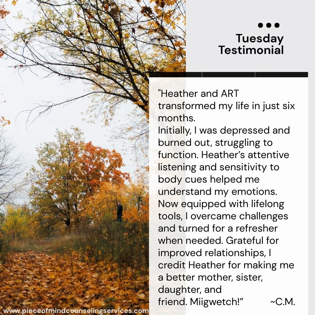 Some more kind words from a former client who was successfully discharged from therapy.

Immediate openings for adolescents and adults.

Contact me today begin your transformation at www.pieceofmindcounselingservices.com
or
(218) 888-7980