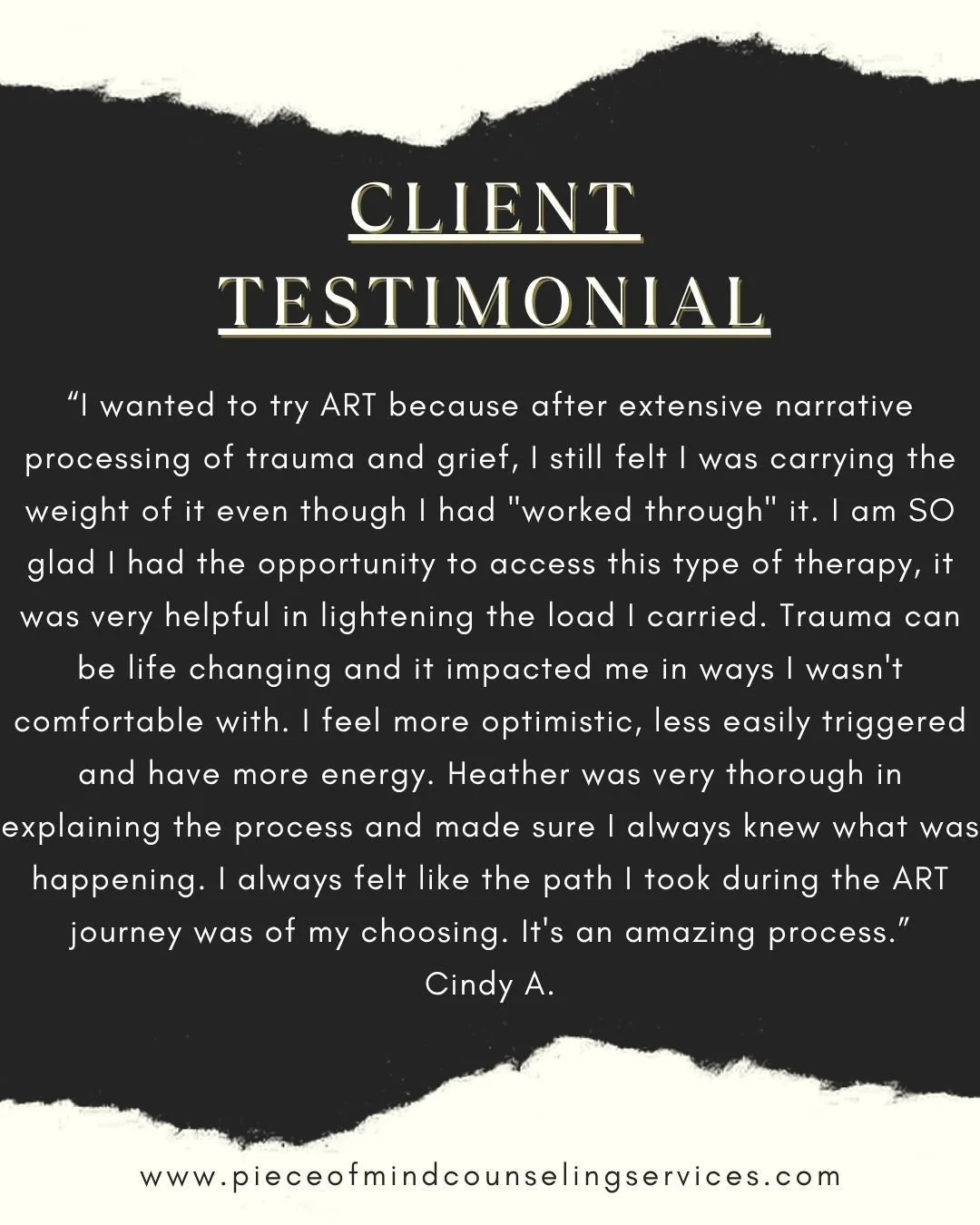 Testimonial Tuesday! 😊

Here are some kind words about how I was able to help by using Accelerated Resolution Therapy (ART).

Ready to try ART for yourself...contact me today! Immediate openings still available.