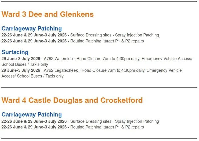 Roadworks Wards 3&4