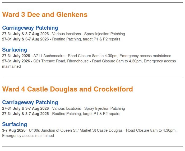Roadworks week beginning Monday 27th July