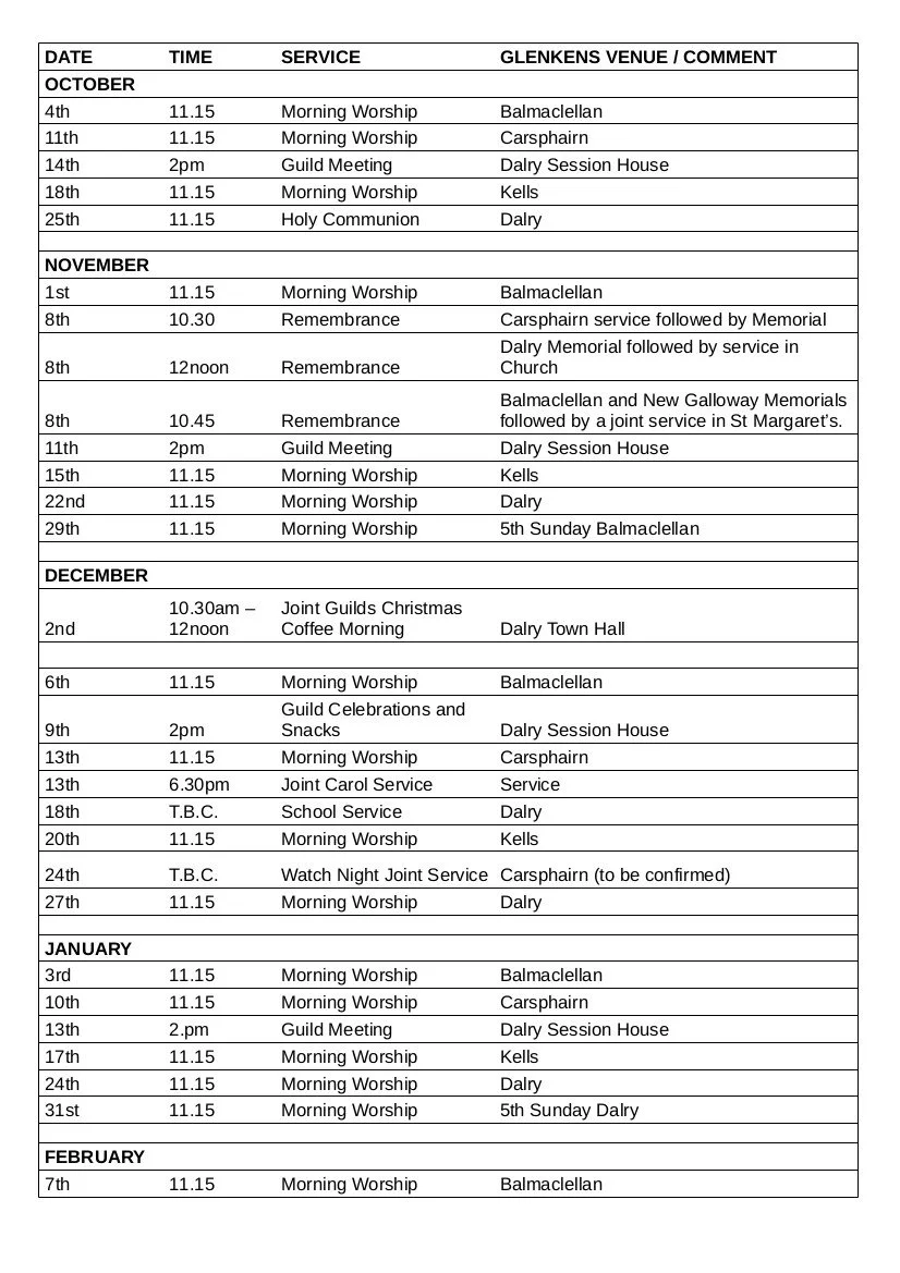Glenkens Church Services Oct26 - Jan27