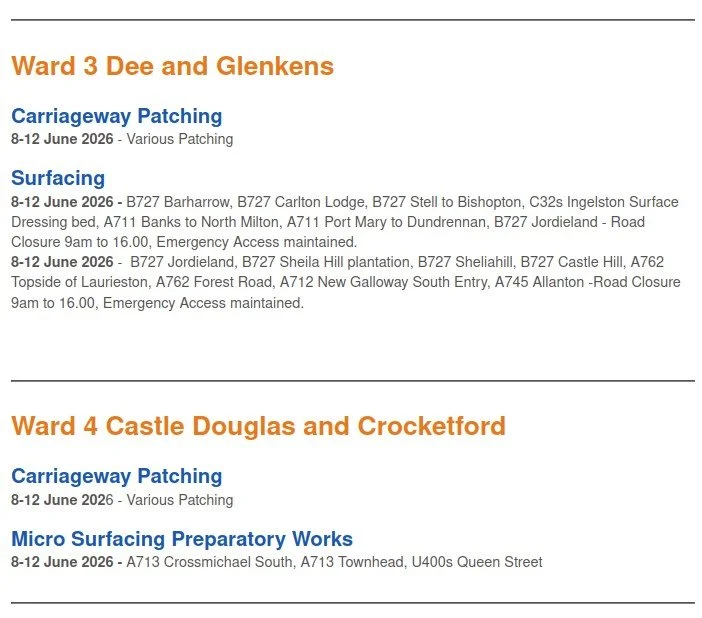 Roadworks Wards 3&4