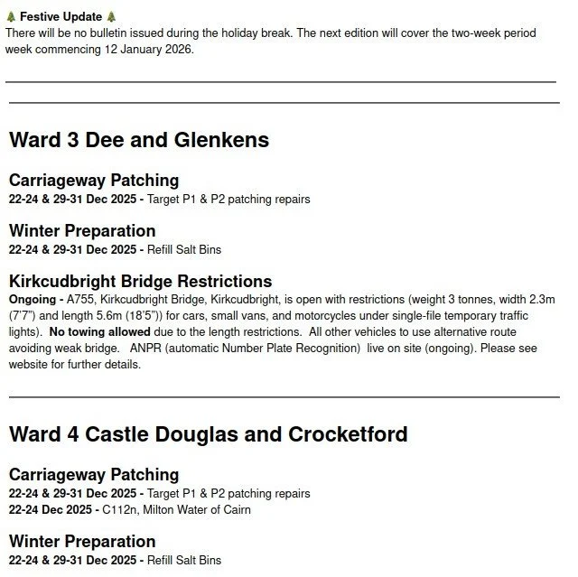 Roadworks over festive season