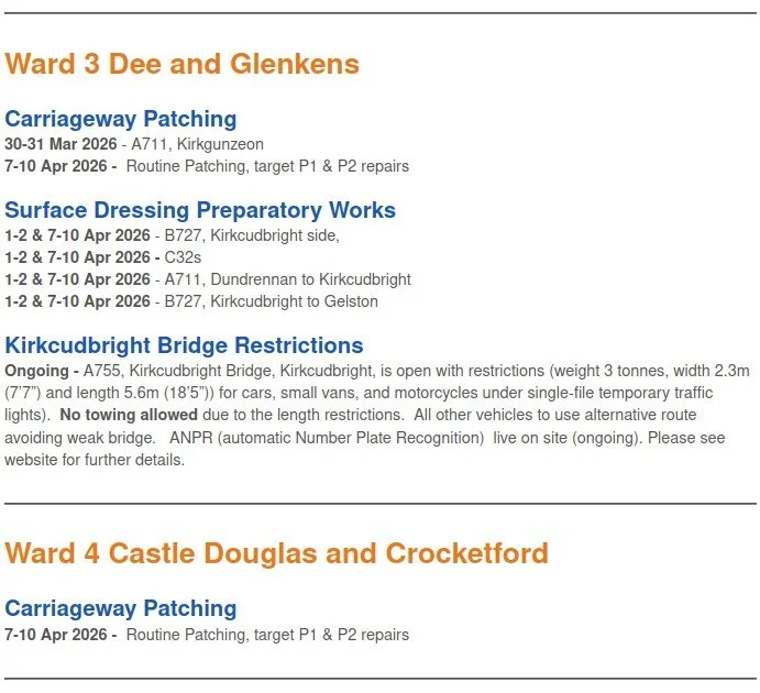 Roadworks Wards 3&4