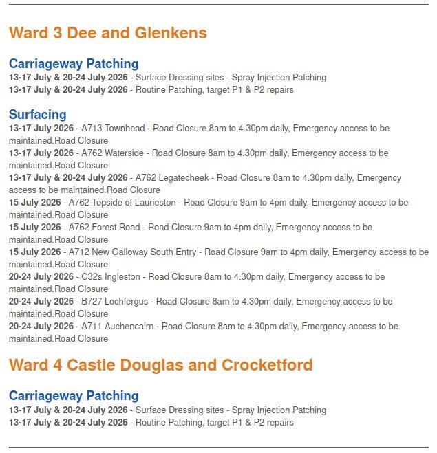 Roadworks week beginning 13th July