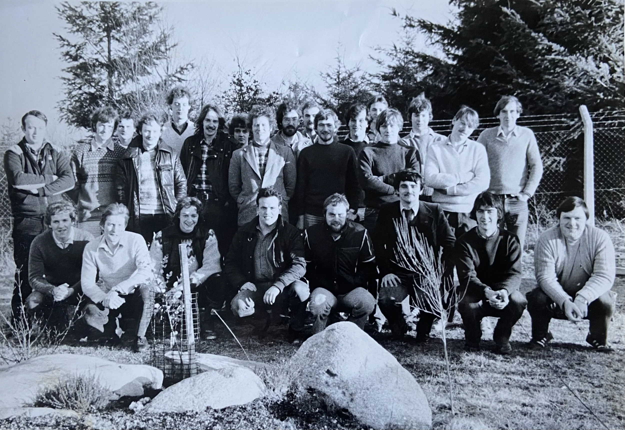 Students of the 1981 intake at the Scottish School of Forestry; Kevin is in the middle at the back, with a beard.