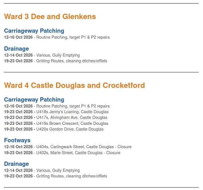 Roadworks in Wards 3 & 4 in the week beginning Monday 12th October