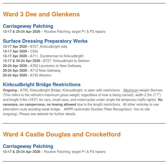 Roadworks Wards 3&4