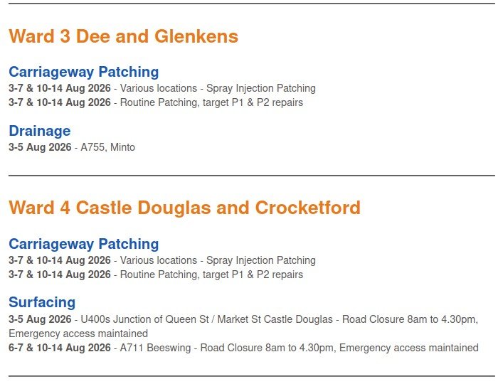 Roadworks beginning Monday 3rd August