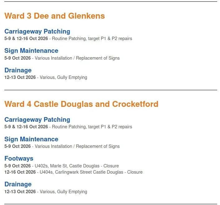 Roadworks Wards 3&4 beginning Monday 5th October 2026 
