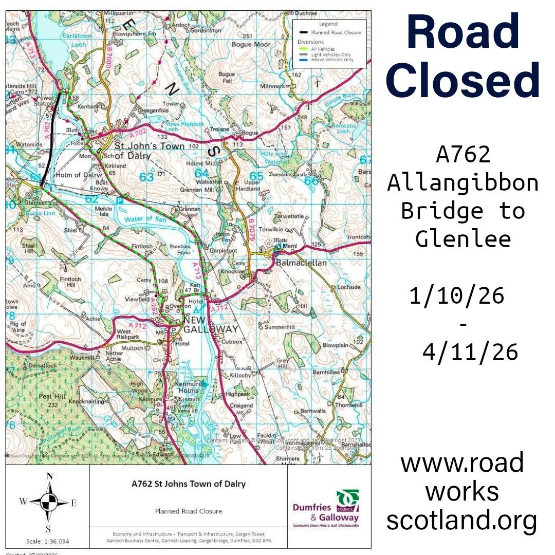 A762 Allangibbon Bridge to Glenlee closed 1st October - 4th November