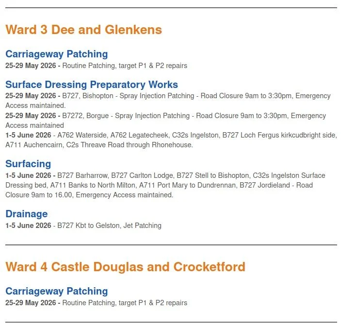 Roadworks Wards 3&4