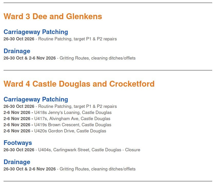 Roadworks Wards 3 & 4, week beginning Monday 26th October