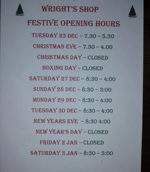 Wright's Shop Festive Opening Hours