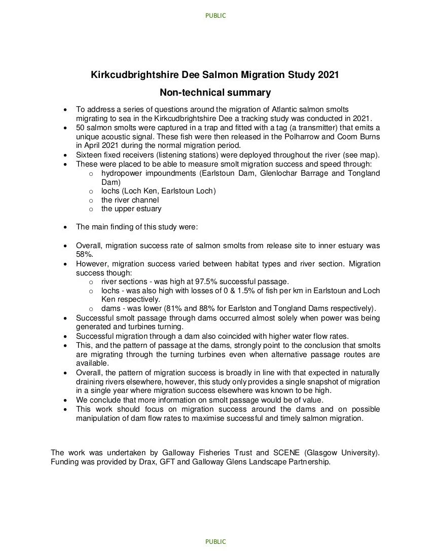 Kirkcudbrightshire Dee Salmon Migration Study 2021 Non-technical summary