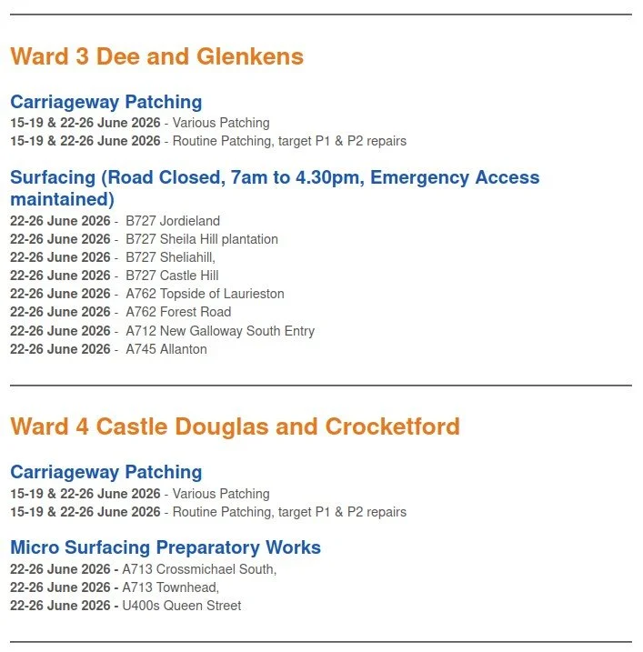 Roadworks Wards 3&4