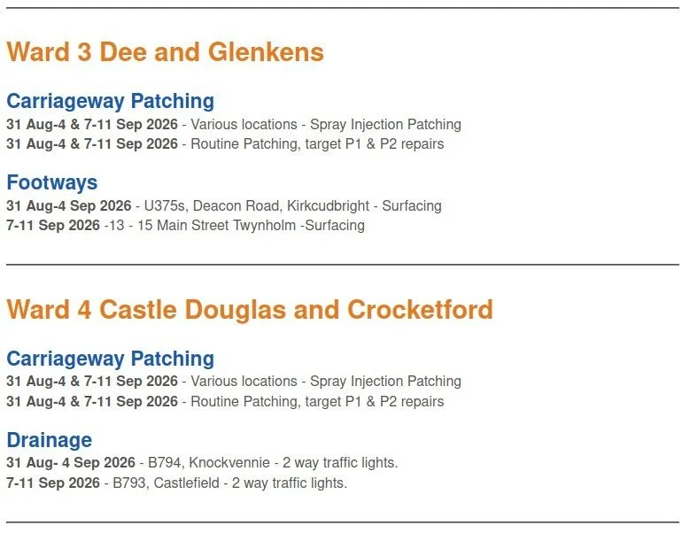 Roadworks week beginning 31st August 2026
