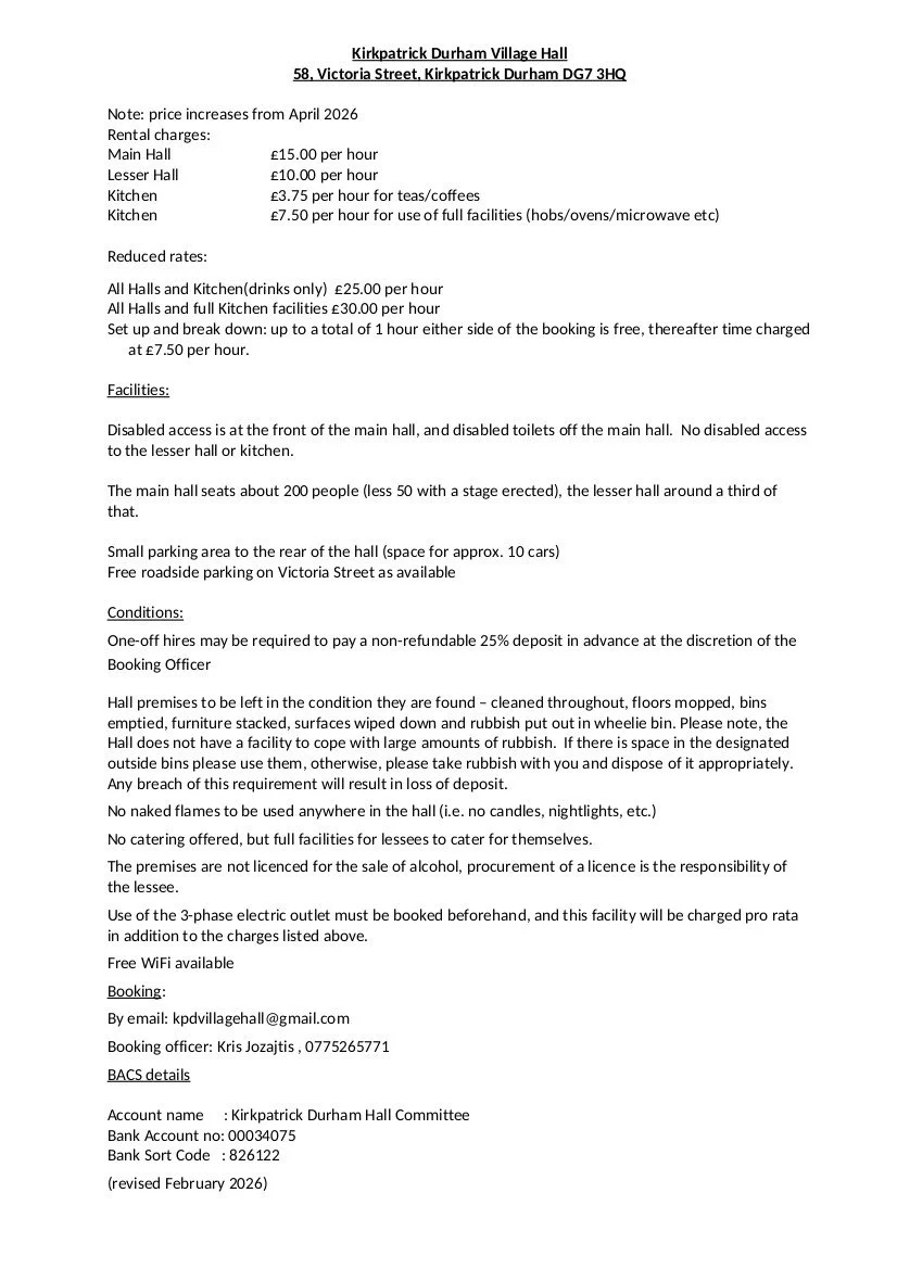 KPD Village Hall Boking April 2026