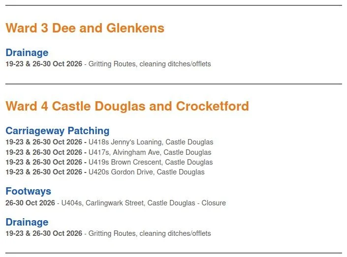 Roadworks in Wards 3 & 4 in the week beginning Monday 19th October.