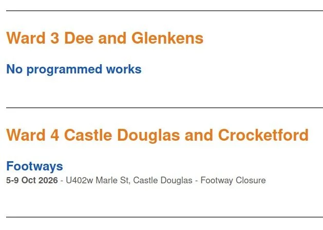 Roadworks in Wards 3 & 4 in the week beginning Monday 28th September.