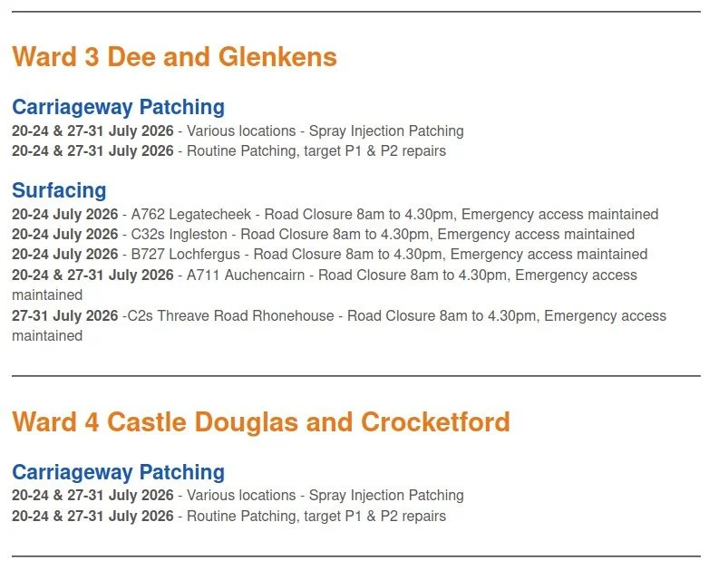 Roadworks week beginning Monday 20th July